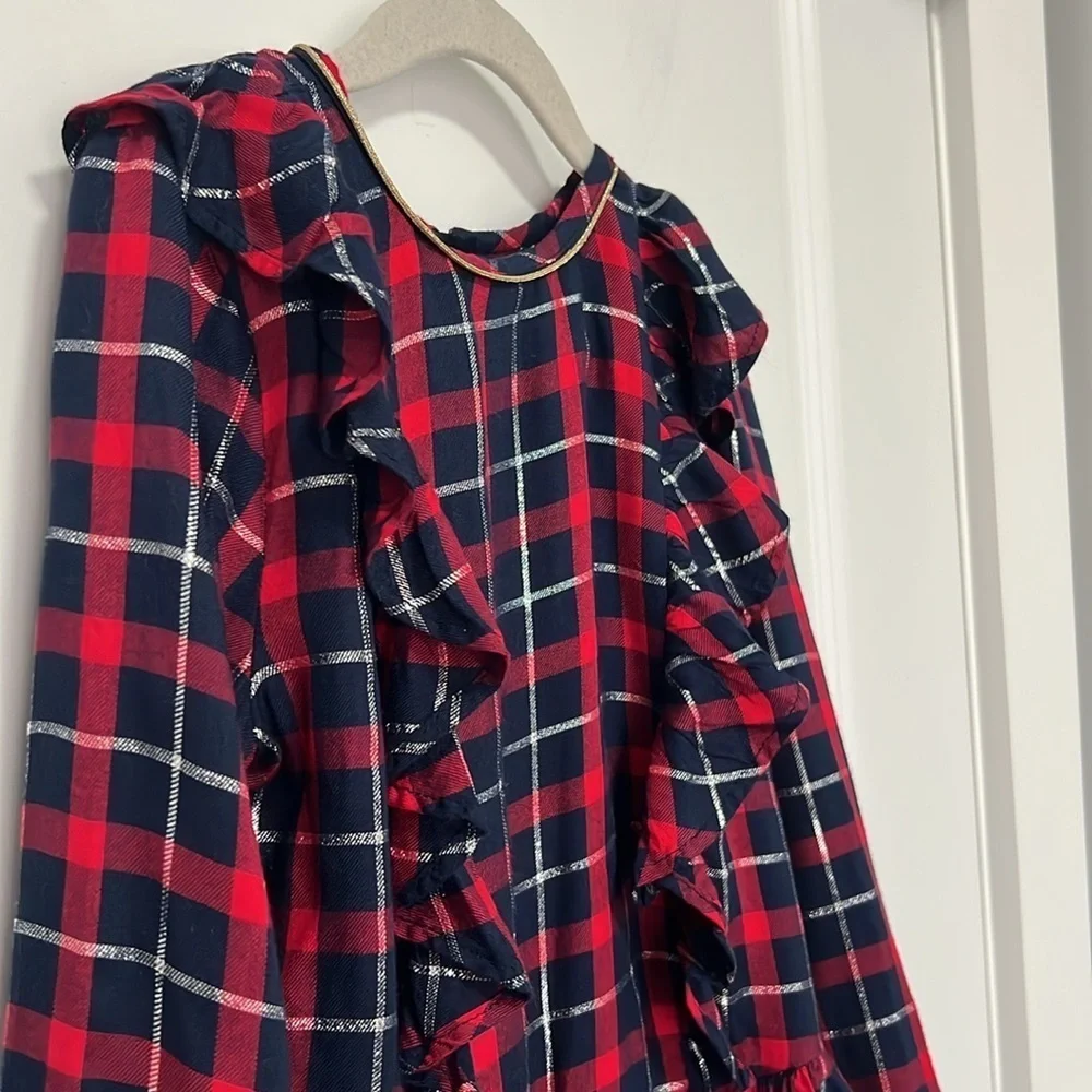 OSHKOSH kids/girls plaid long Sleeve blouse with ruffles on the front size 8